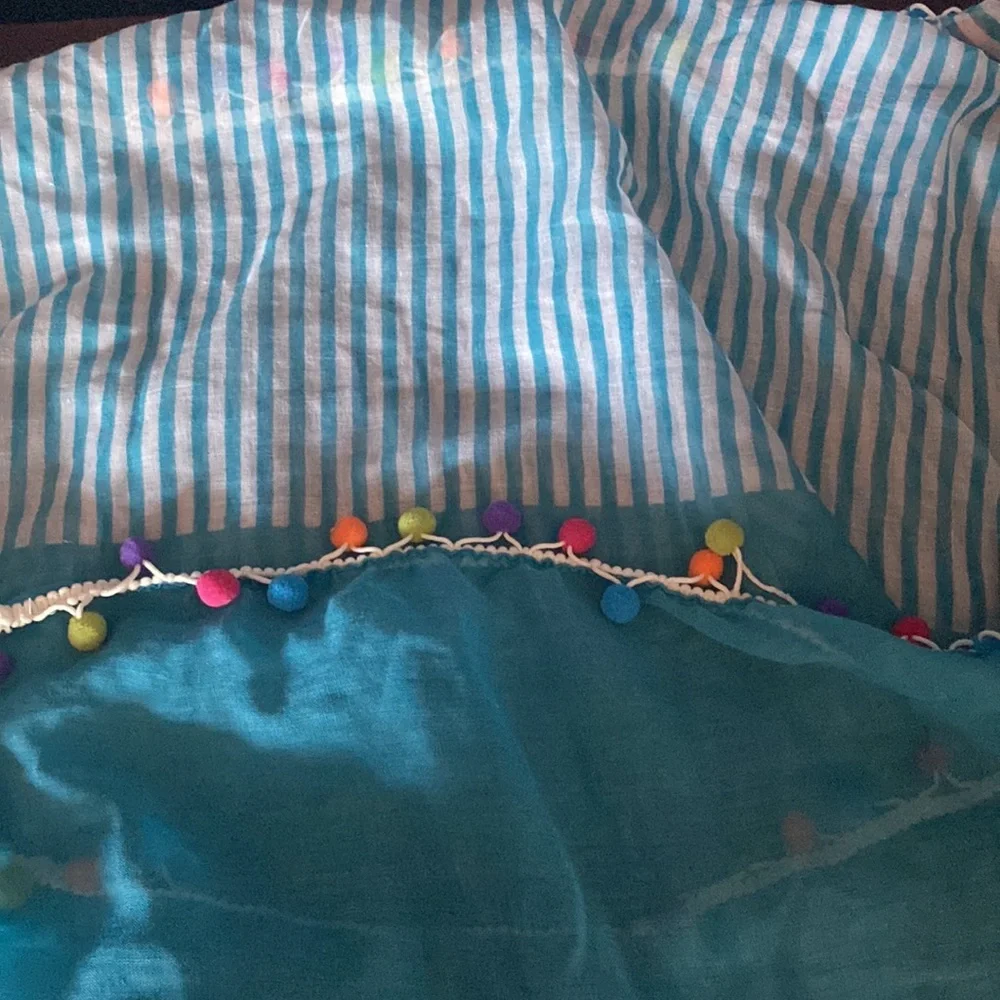 Girls Striped Blue and White Scarf with Poms